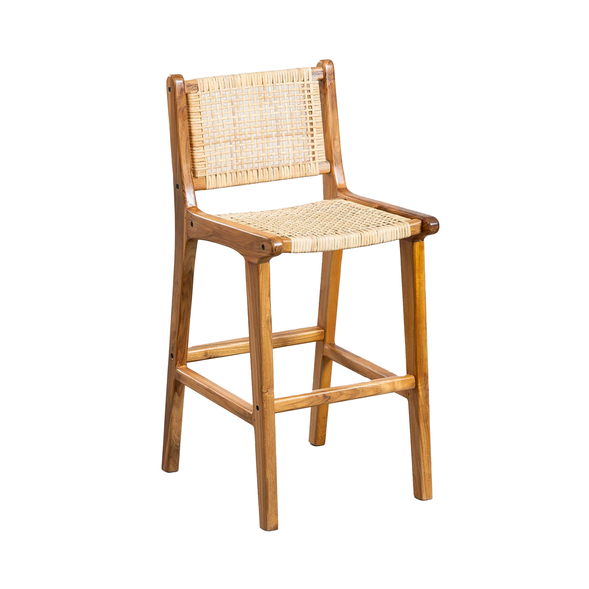 Medinė baro kėdė su patogiu atlošu ir sėdyne, kurie pagaminti iš natūralios virvės
