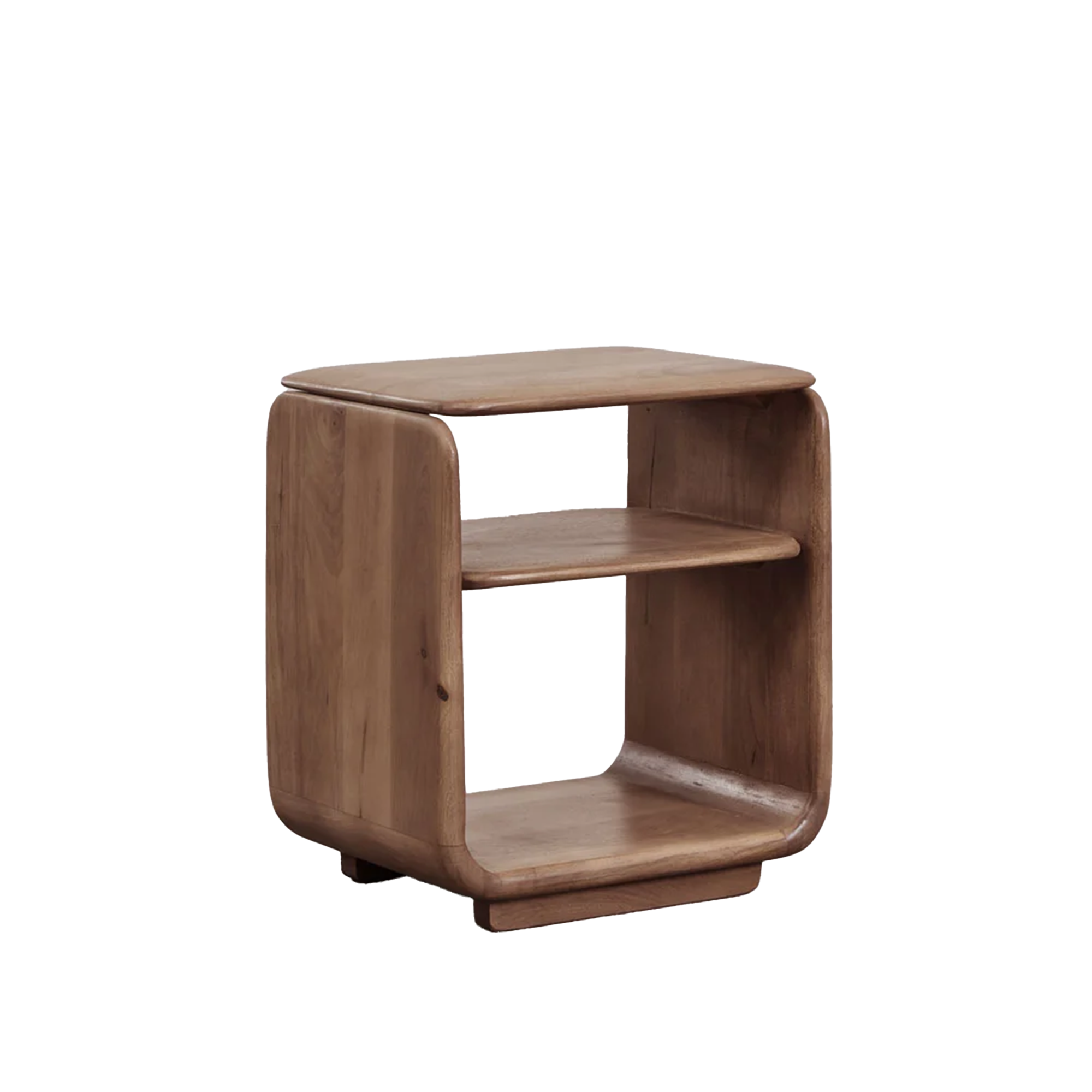 Japandi stiliaus medinis naktinis šoninis staliukas su atviromis lentynomis