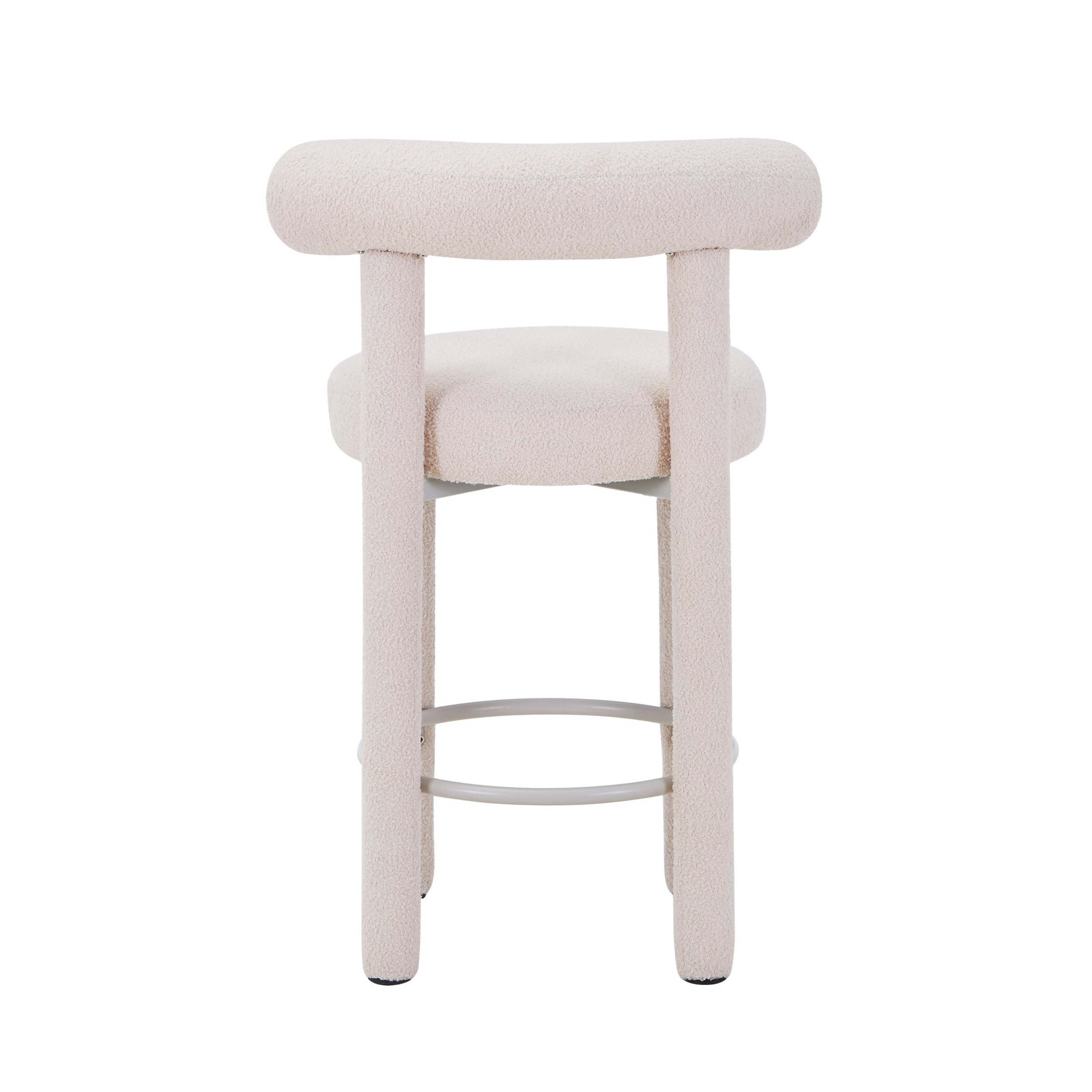 Minkšta pusbario kėdė su atlošu ir baltos spalvos boucle Teddy audiniu | decorada.lt
