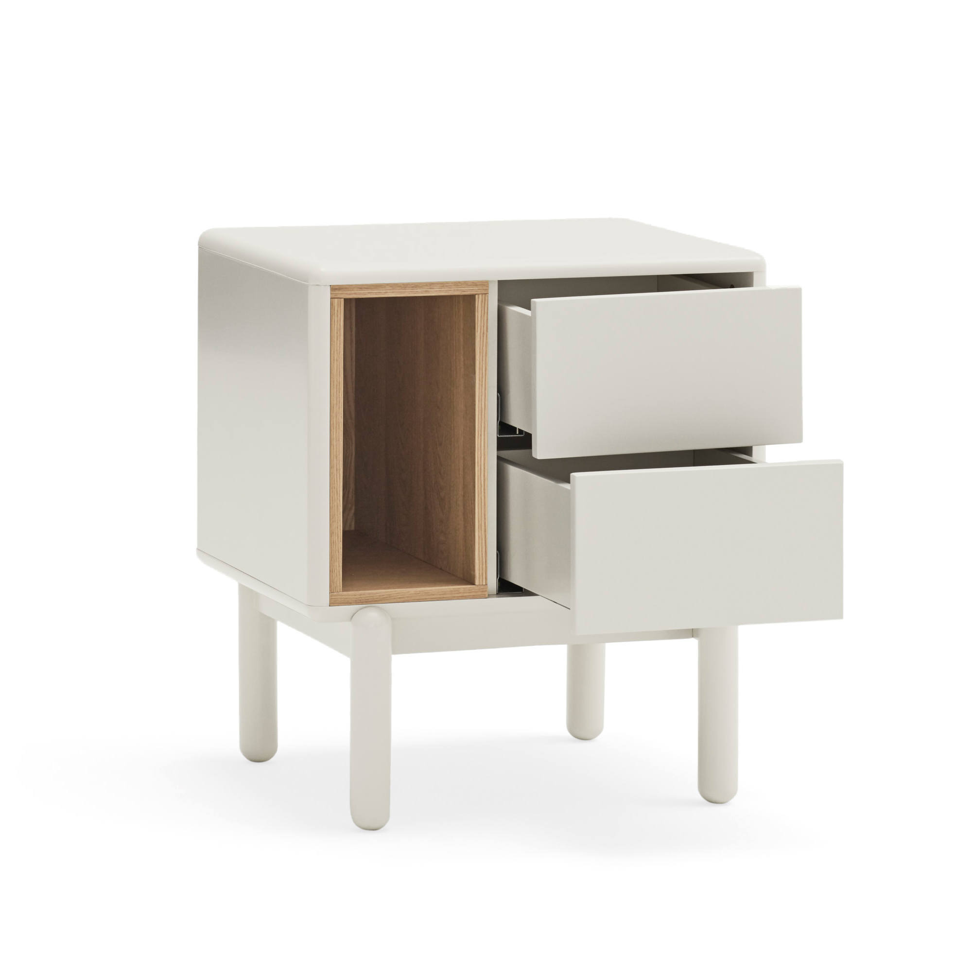 Teulat gamintojo naktinė spintelė su dviem stalčiais ir dažyta balta spalva, o vidus dengtas ąžuolo lukštu