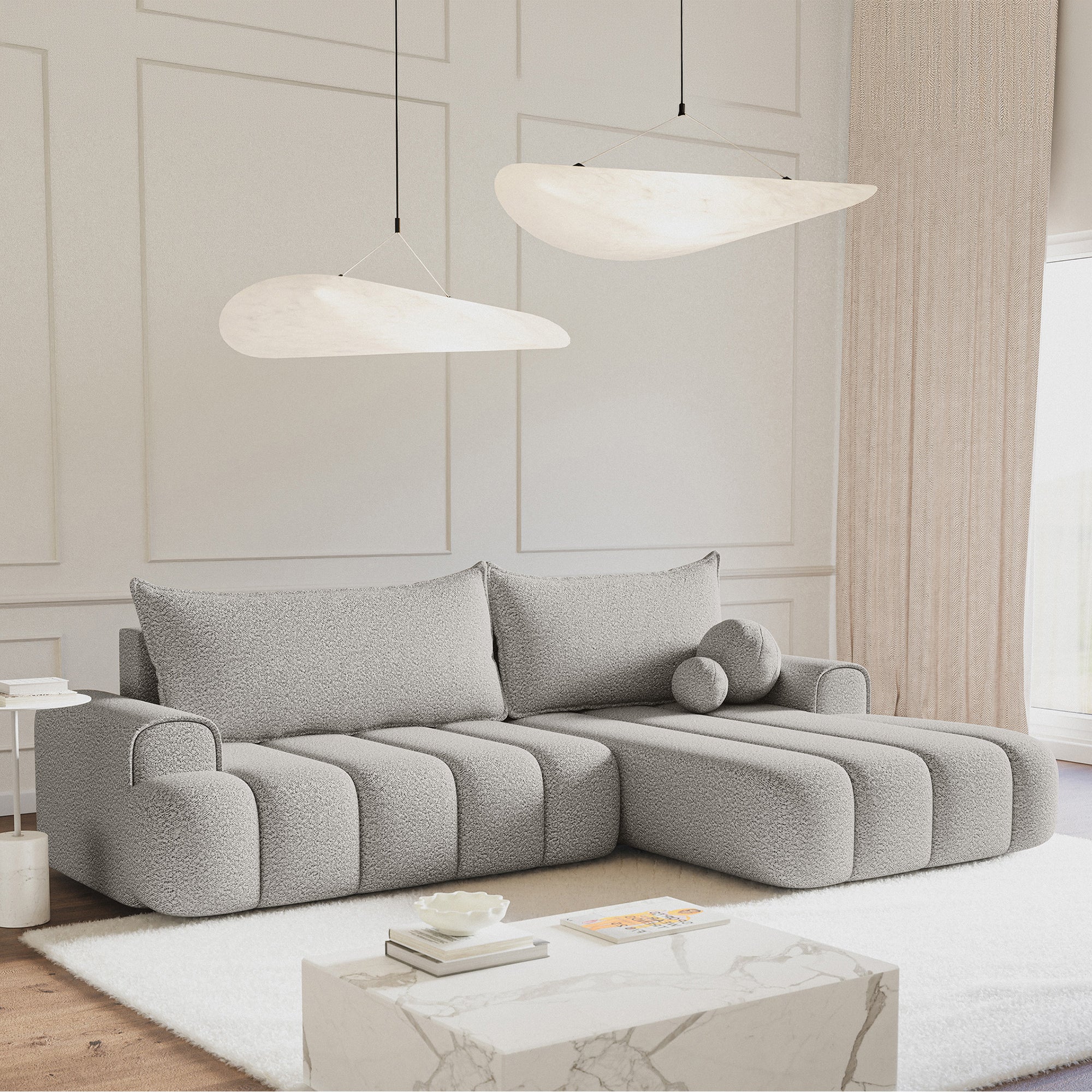 Kampinė miegamoji sofa DELINA Bouclé 275 cm