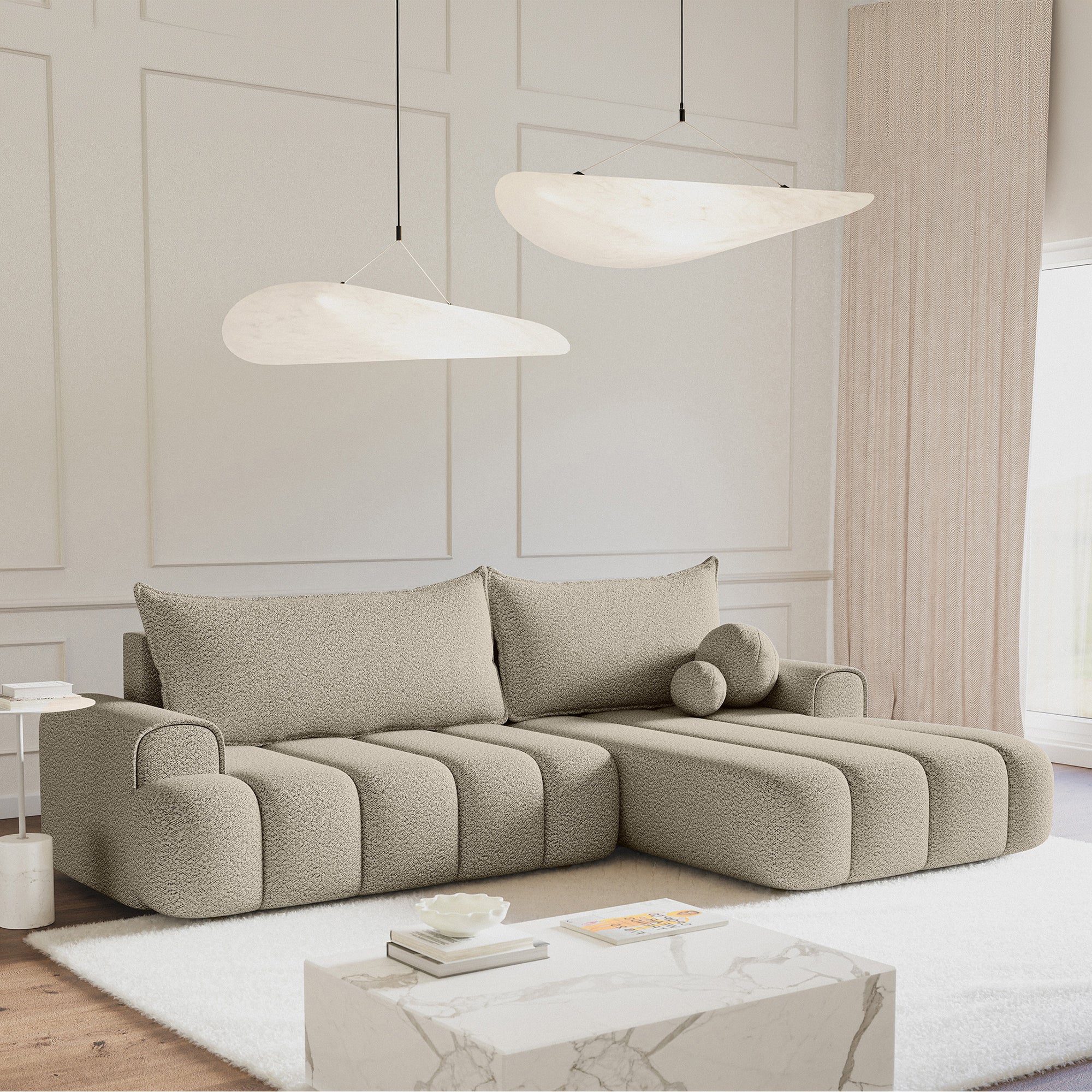 Kampinė miegamoji sofa DELINA Bouclé 275 cm