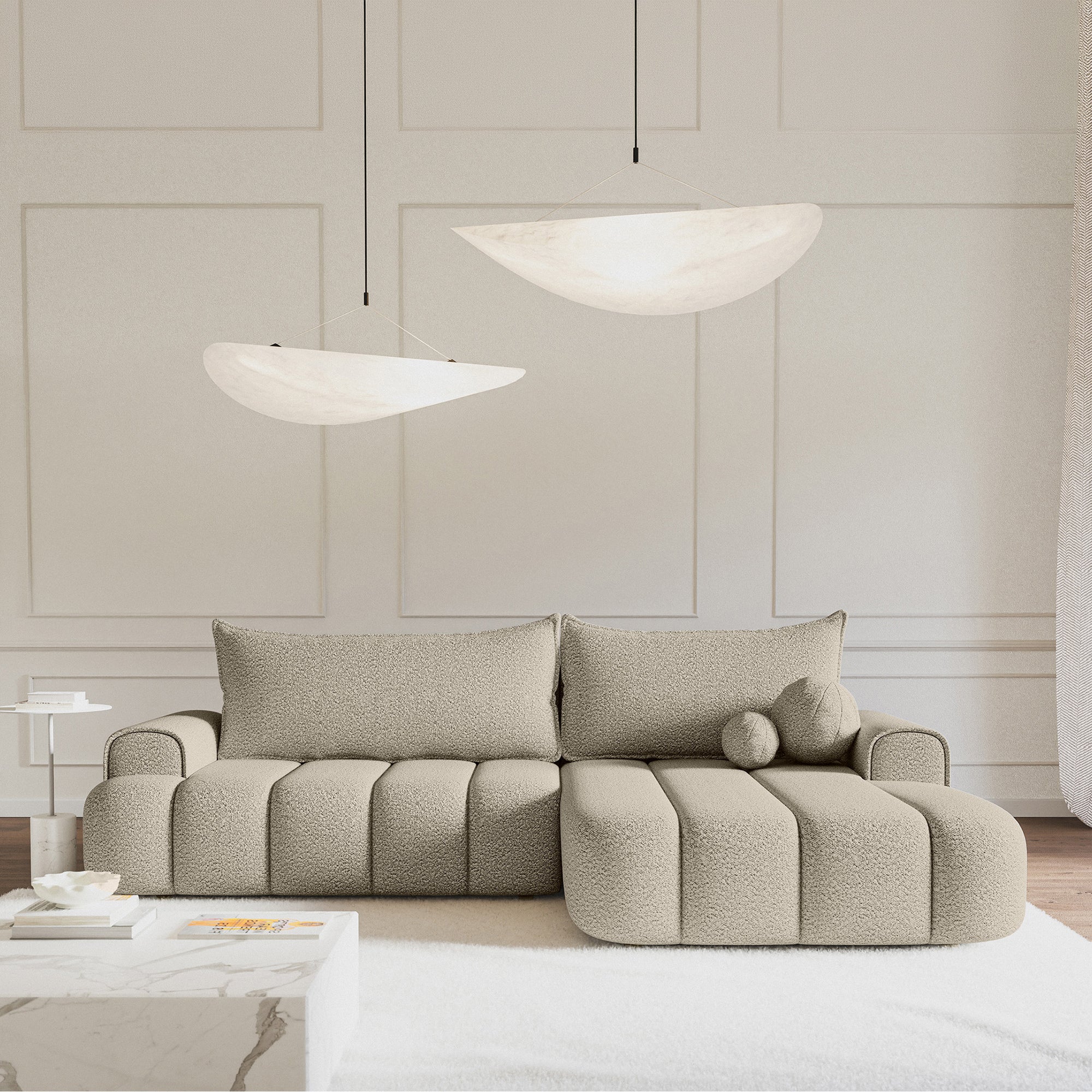 Kampinė miegamoji sofa DELINA Bouclé 275 cm