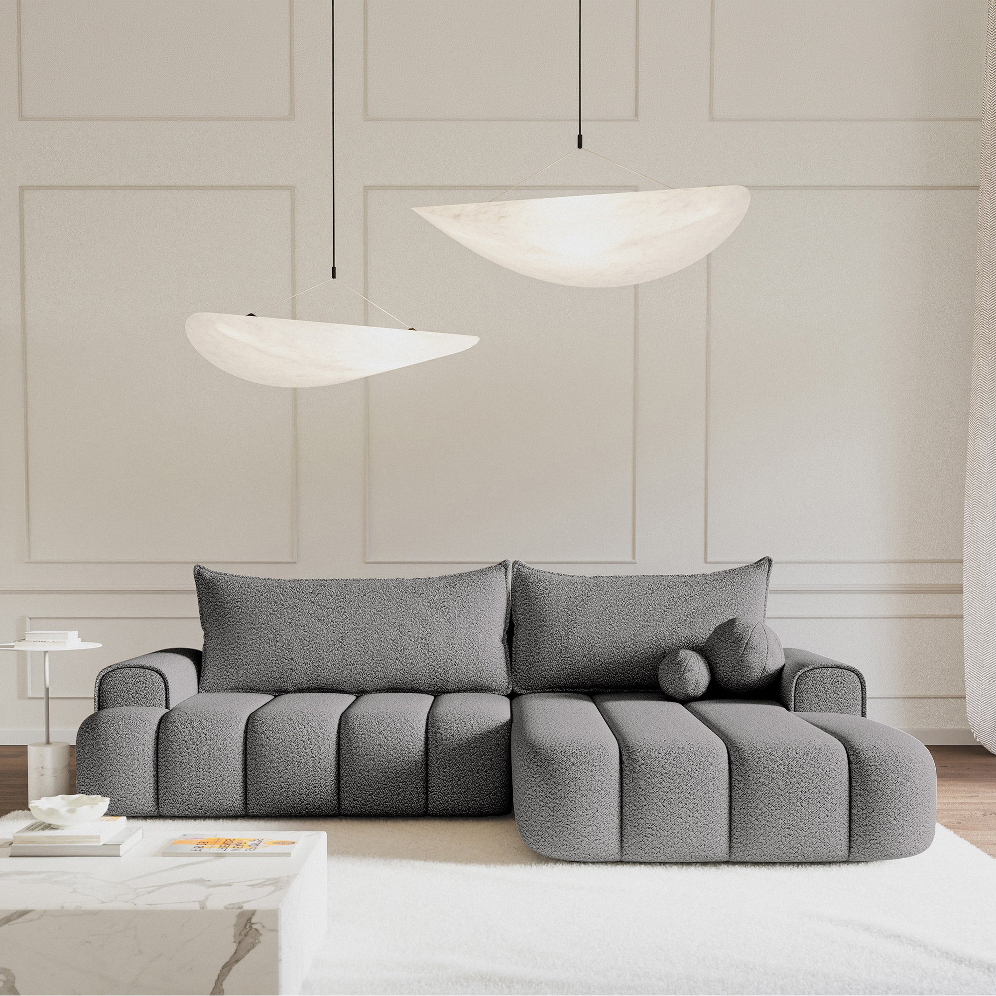 Kampinė miegamoji sofa DELINA Bouclé 275 cm