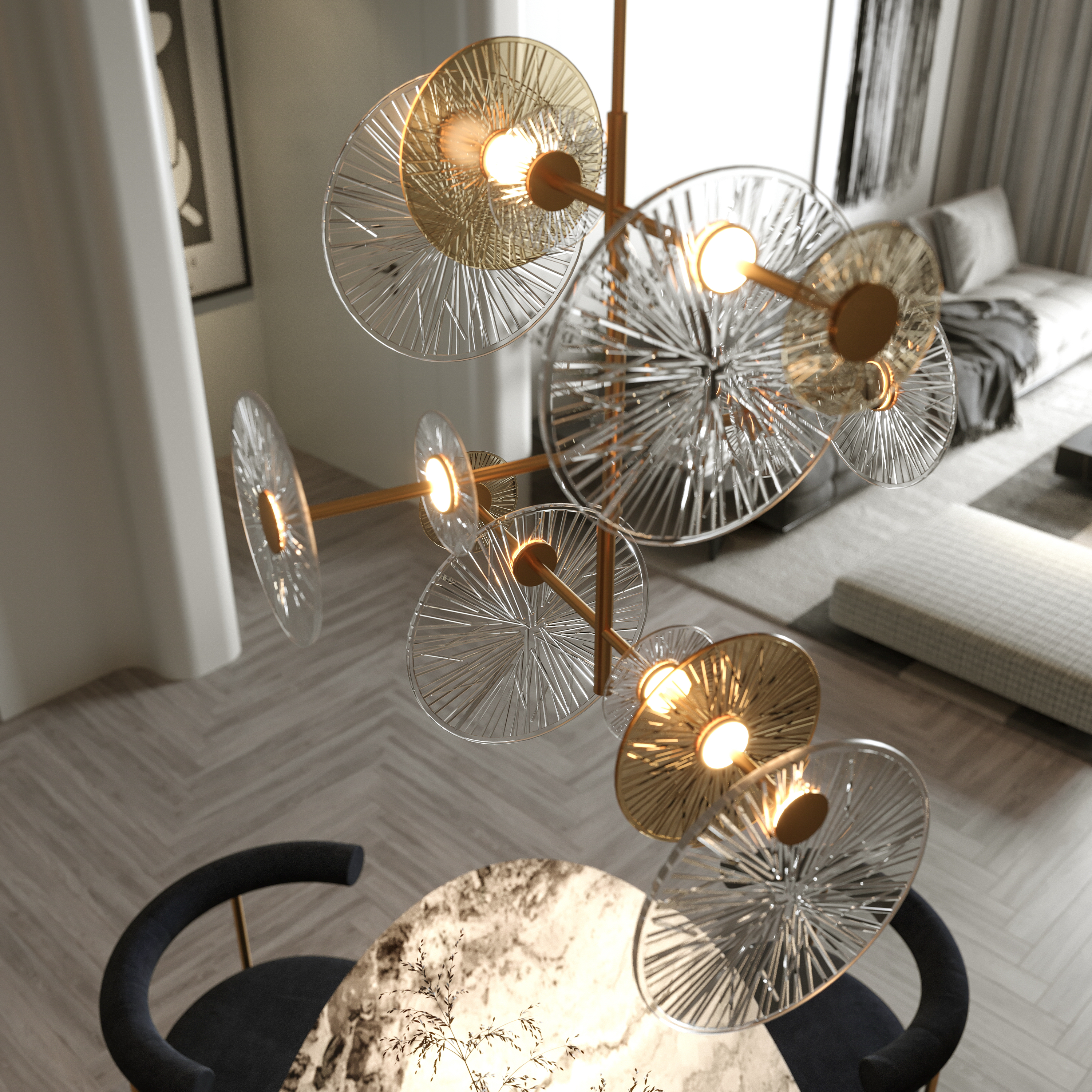 MAXLIGHT ALLURE P0541 pakabinamas šviestuvas su LED 3000k ir aukso apdaila virš valgamojo stalo