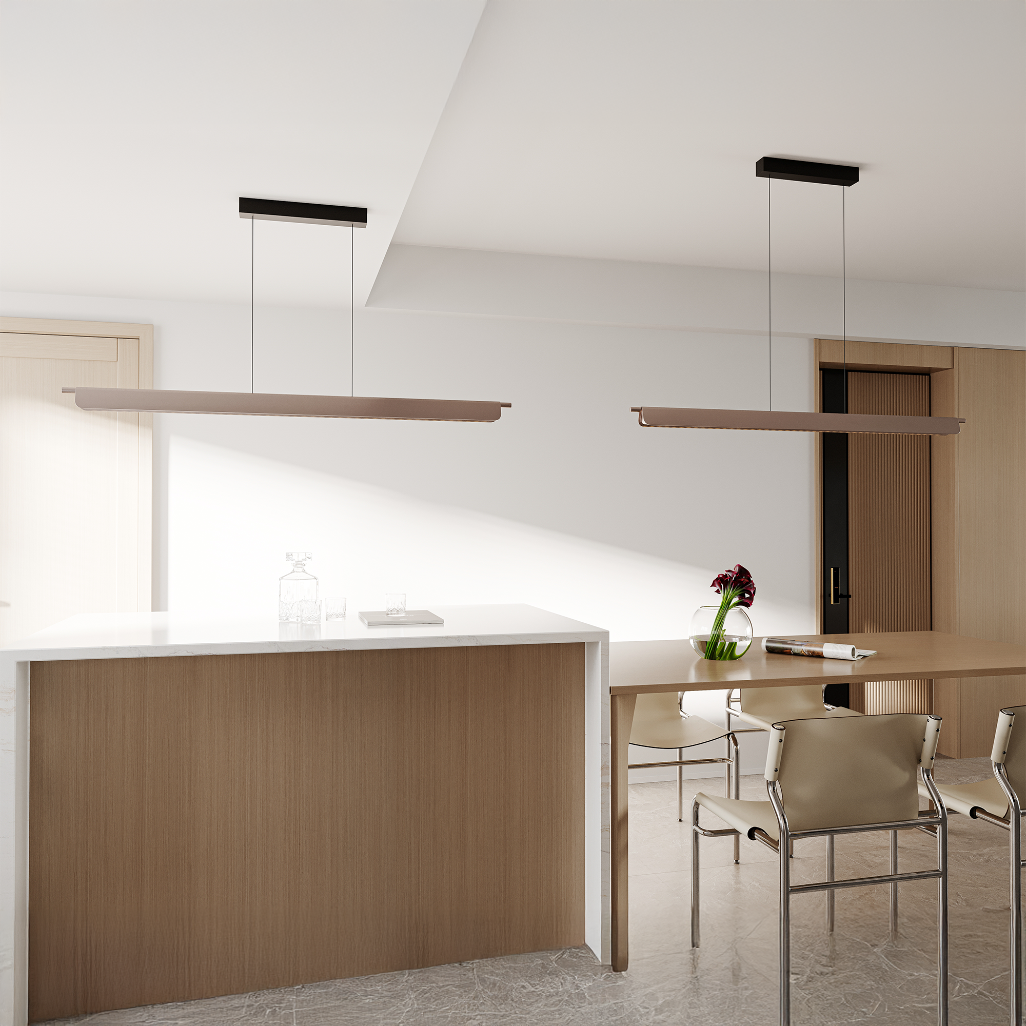 Maxlight JOJO modern pakabinami šviestuvai jaukiame interjere virš virtuvės salo
