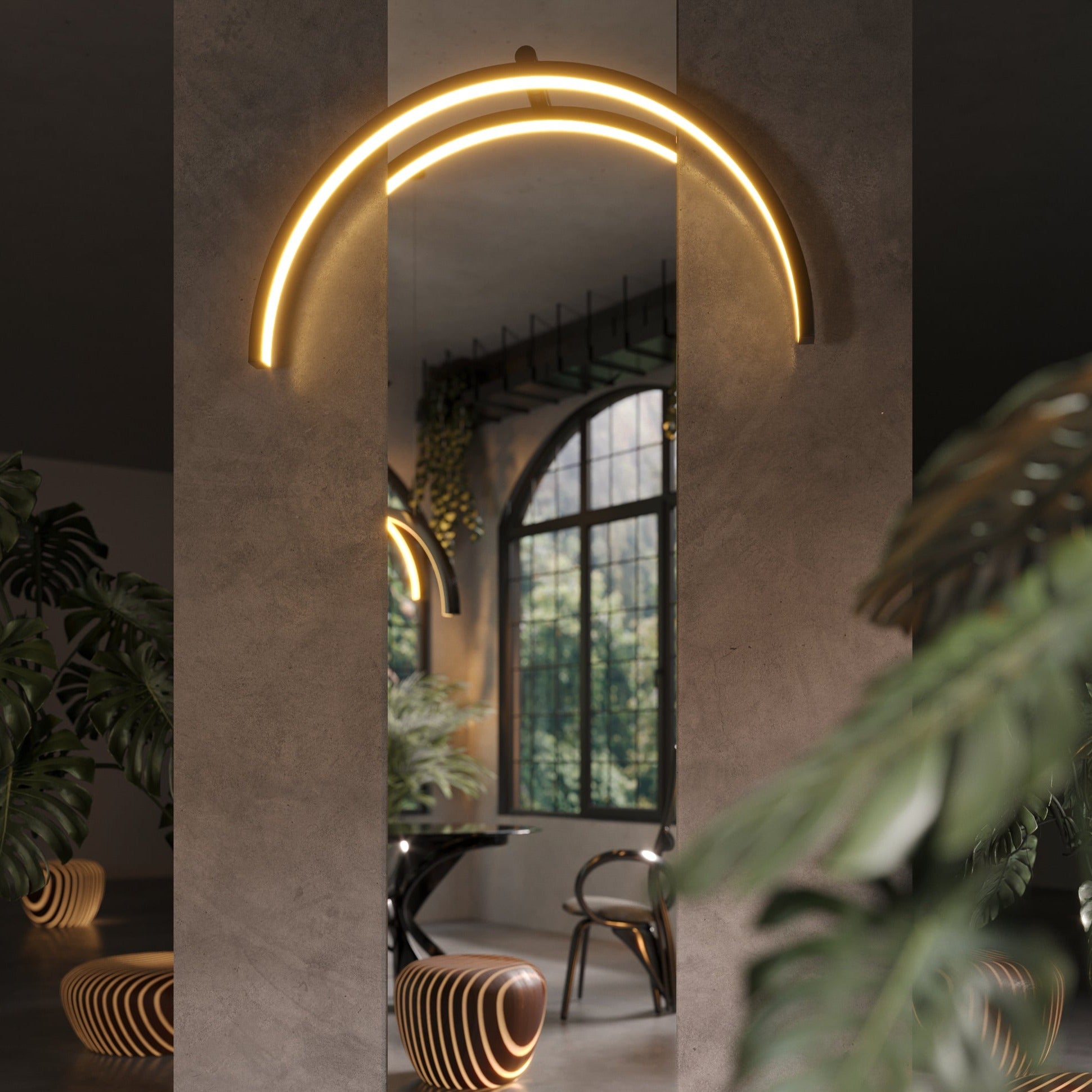 maxlight trio arc sieninis sviestuvas interjere vaizduojamas įjungtas šiltos 3000k šviesos
